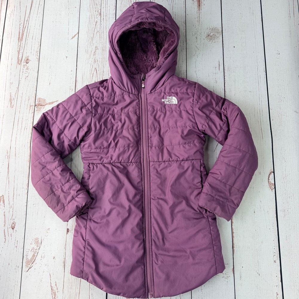 The North Face Girls Reversible Mossbud Swirl Parka Purple Jacket Size S 7/8